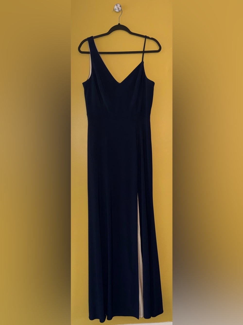 Xscape Navy & Ivory Asymmetrical Strap Evening Gown